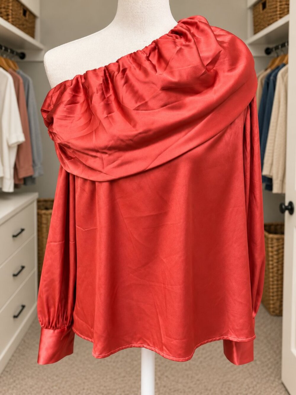 Rust Orange Off Shoulder Satin Blouse Ruched Cowl Neck Long Sleeve Boho Chic